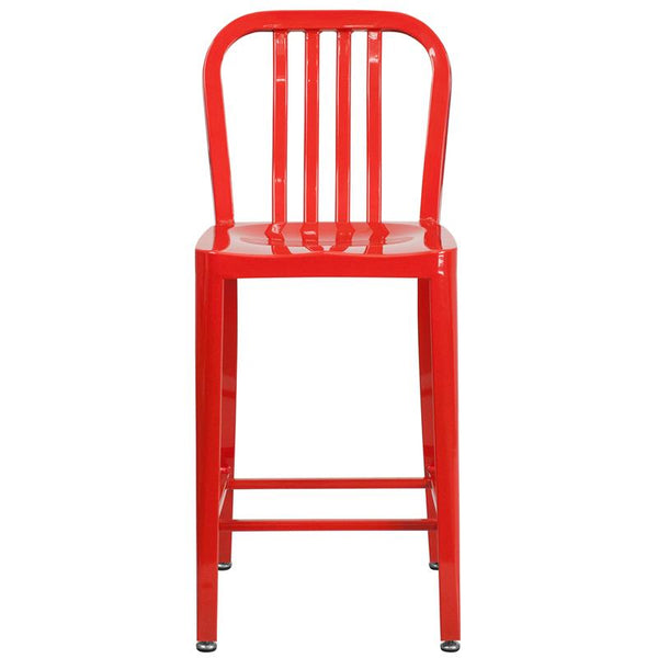 Flash Furniture 24'' High Red Metal Indoor-Outdoor Counter Height Stool with Vertical Slat Back - CH-61200-24-RED-GG