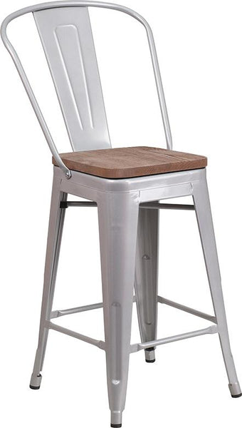 Flash Furniture 24" High Silver Metal Counter Height Stool with Back and Wood Seat - CH-31320-24GB-SIL-WD-GG
