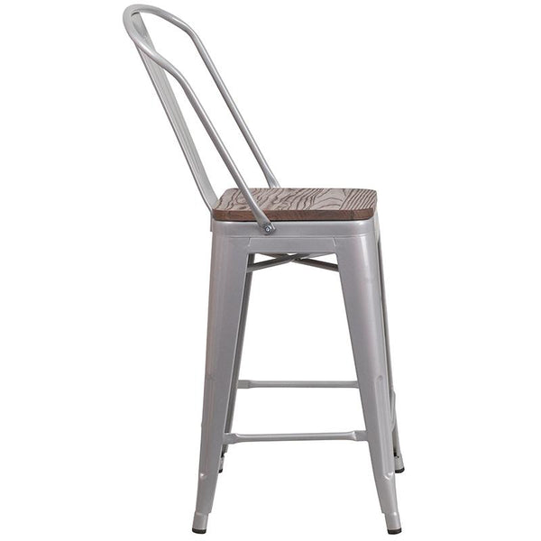 Flash Furniture 24" High Silver Metal Counter Height Stool with Back and Wood Seat - CH-31320-24GB-SIL-WD-GG