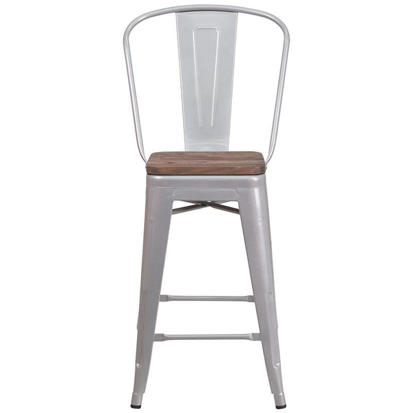 Flash Furniture 24" High Silver Metal Counter Height Stool with Back and Wood Seat - CH-31320-24GB-SIL-WD-GG