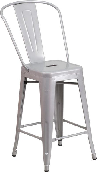 Flash Furniture 24'' High Silver Metal Indoor-Outdoor Counter Height Stool with Back - CH-31320-24GB-SIL-GG