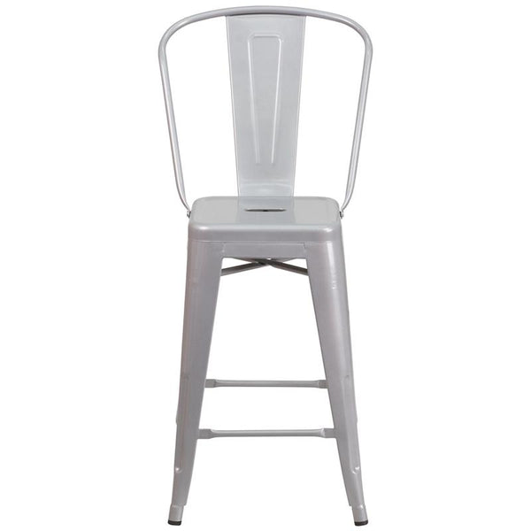 Flash Furniture 24'' High Silver Metal Indoor-Outdoor Counter Height Stool with Back - CH-31320-24GB-SIL-GG