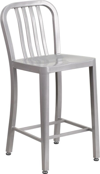 Flash Furniture 24'' High Silver Metal Indoor-Outdoor Counter Height Stool with Vertical Slat Back - CH-61200-24-SIL-GG
