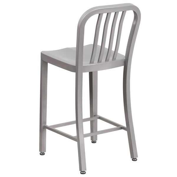 Flash Furniture 24'' High Silver Metal Indoor-Outdoor Counter Height Stool with Vertical Slat Back - CH-61200-24-SIL-GG