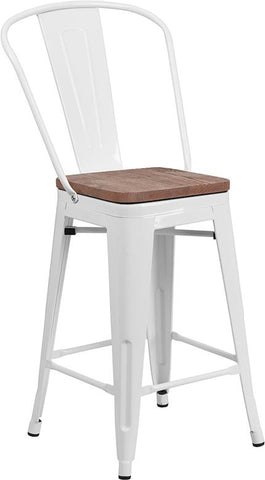 Flash Furniture 24" High White Metal Counter Height Stool with Back and Wood Seat - CH-31320-24GB-WH-WD-GG