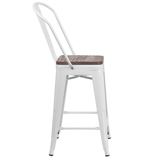 Flash Furniture 24" High White Metal Counter Height Stool with Back and Wood Seat - CH-31320-24GB-WH-WD-GG