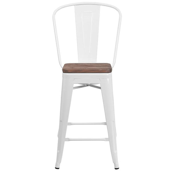 Flash Furniture 24" High White Metal Counter Height Stool with Back and Wood Seat - CH-31320-24GB-WH-WD-GG
