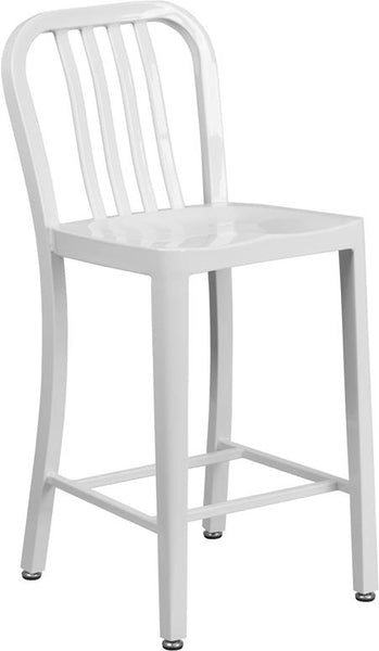 Flash Furniture 24'' High White Metal Indoor-Outdoor Counter Height Stool with Vertical Slat Back - CH-61200-24-WH-GG