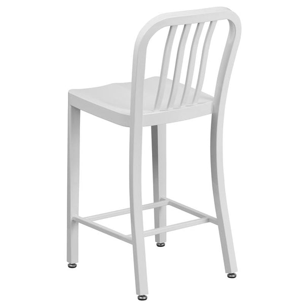 Flash Furniture 24'' High White Metal Indoor-Outdoor Counter Height Stool with Vertical Slat Back - CH-61200-24-WH-GG