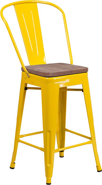 Flash Furniture 24" High Yellow Metal Counter Height Stool with Back and Wood Seat - CH-31320-24GB-YL-WD-GG