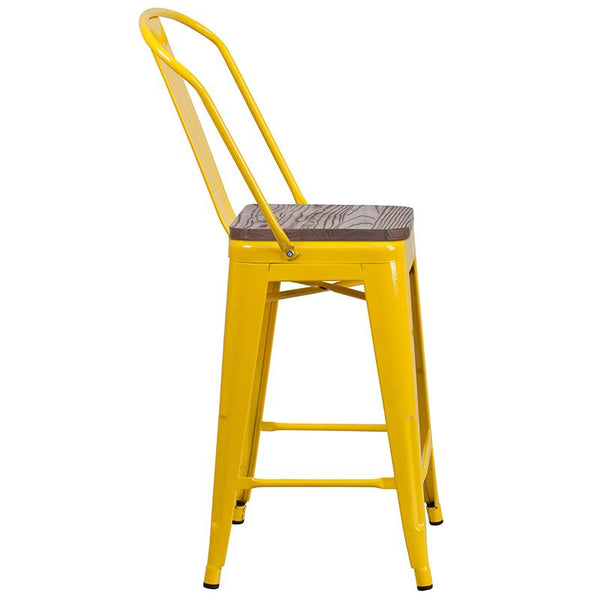 Flash Furniture 24" High Yellow Metal Counter Height Stool with Back and Wood Seat - CH-31320-24GB-YL-WD-GG