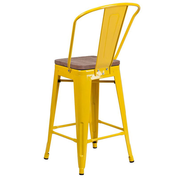 Flash Furniture 24" High Yellow Metal Counter Height Stool with Back and Wood Seat - CH-31320-24GB-YL-WD-GG