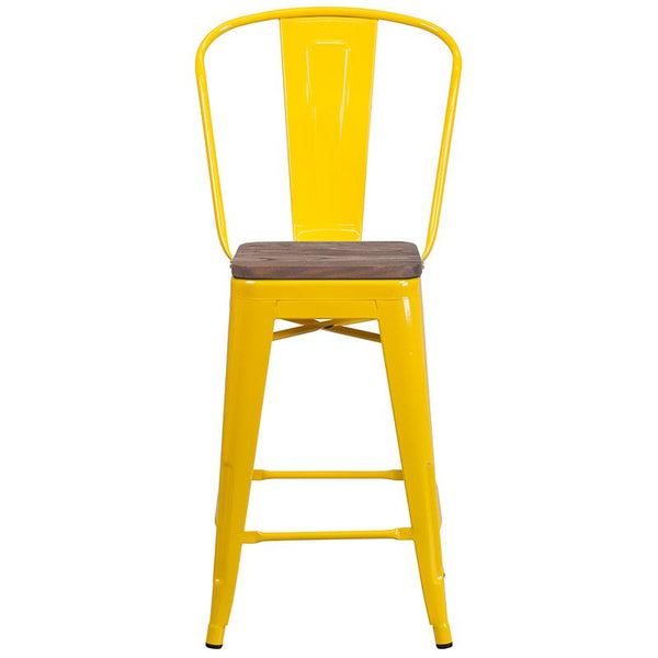 Flash Furniture 24" High Yellow Metal Counter Height Stool with Back and Wood Seat - CH-31320-24GB-YL-WD-GG