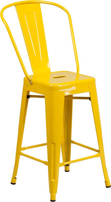 Flash Furniture 24'' High Yellow Metal Indoor-Outdoor Counter Height Stool with Back - CH-31320-24GB-YL-GG