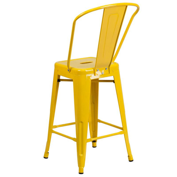 Flash Furniture 24'' High Yellow Metal Indoor-Outdoor Counter Height Stool with Back - CH-31320-24GB-YL-GG
