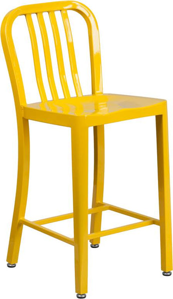 Flash Furniture 24'' High Yellow Metal Indoor-Outdoor Counter Height Stool with Vertical Slat Back - CH-61200-24-YL-GG