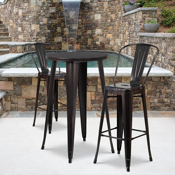 Flash Furniture 24'' Round Black-Antique Gold Metal Indoor-Outdoor Bar Table Set with 2 Cafe Stools - CH-51080BH-2-30CAFE-BQ-GG