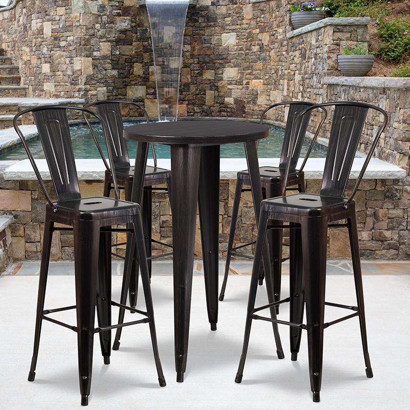 Flash Furniture 24'' Round Black-Antique Gold Metal Indoor-Outdoor Bar Table Set with 4 Cafe Stools - CH-51080BH-4-30CAFE-BQ-GG