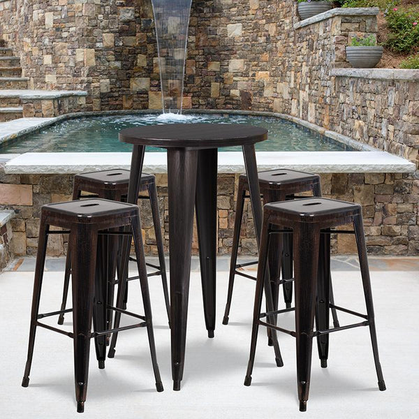 Flash Furniture 24'' Round Black-Antique Gold Metal Indoor-Outdoor Bar Table Set with 4 Square Seat Backless Stools - CH-51080BH-4-30SQST-BQ-GG