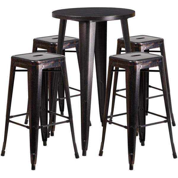 Flash Furniture 24'' Round Black-Antique Gold Metal Indoor-Outdoor Bar Table Set with 4 Square Seat Backless Stools - CH-51080BH-4-30SQST-BQ-GG
