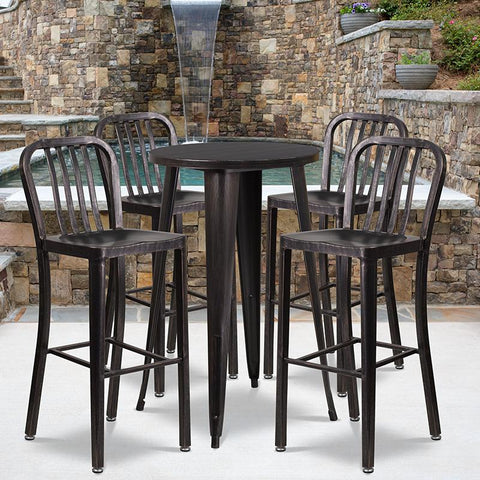 Flash Furniture 24'' Round Black-Antique Gold Metal Indoor-Outdoor Bar Table Set with 4 Vertical Slat Back Stools - CH-51080BH-4-30VRT-BQ-GG