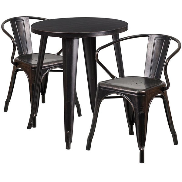 Flash Furniture 24'' Round Black-Antique Gold Metal Indoor-Outdoor Table Set with 2 Arm Chairs - CH-51080TH-2-18ARM-BQ-GG