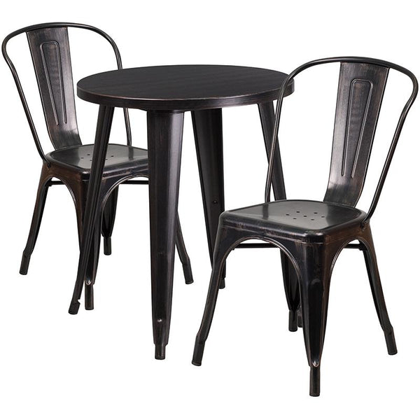Flash Furniture 24'' Round Black-Antique Gold Metal Indoor-Outdoor Table Set with 2 Cafe Chairs - CH-51080TH-2-18CAFE-BQ-GG