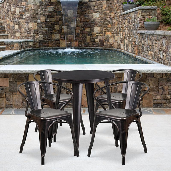 Flash Furniture 24'' Round Black-Antique Gold Metal Indoor-Outdoor Table Set with 4 Arm Chairs - CH-51080TH-4-18ARM-BQ-GG