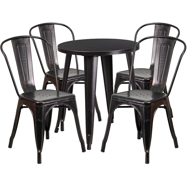 Flash Furniture 24'' Round Black-Antique Gold Metal Indoor-Outdoor Table Set with 4 Cafe Chairs - CH-51080TH-4-18CAFE-BQ-GG