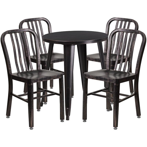 Flash Furniture 24'' Round Black-Antique Gold Metal Indoor-Outdoor Table Set with 4 Vertical Slat Back Chairs - CH-51080TH-4-18VRT-BQ-GG