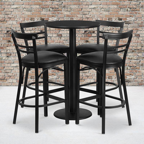 Flash Furniture 24'' Round Black Laminate Table Set with Round Base and 4 Two-Slat Ladder Back Metal Barstools - Black Vinyl Seat - RSRB1033-GG