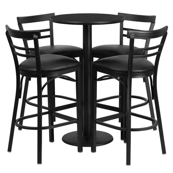Flash Furniture 24'' Round Black Laminate Table Set with Round Base and 4 Two-Slat Ladder Back Metal Barstools - Black Vinyl Seat - RSRB1033-GG