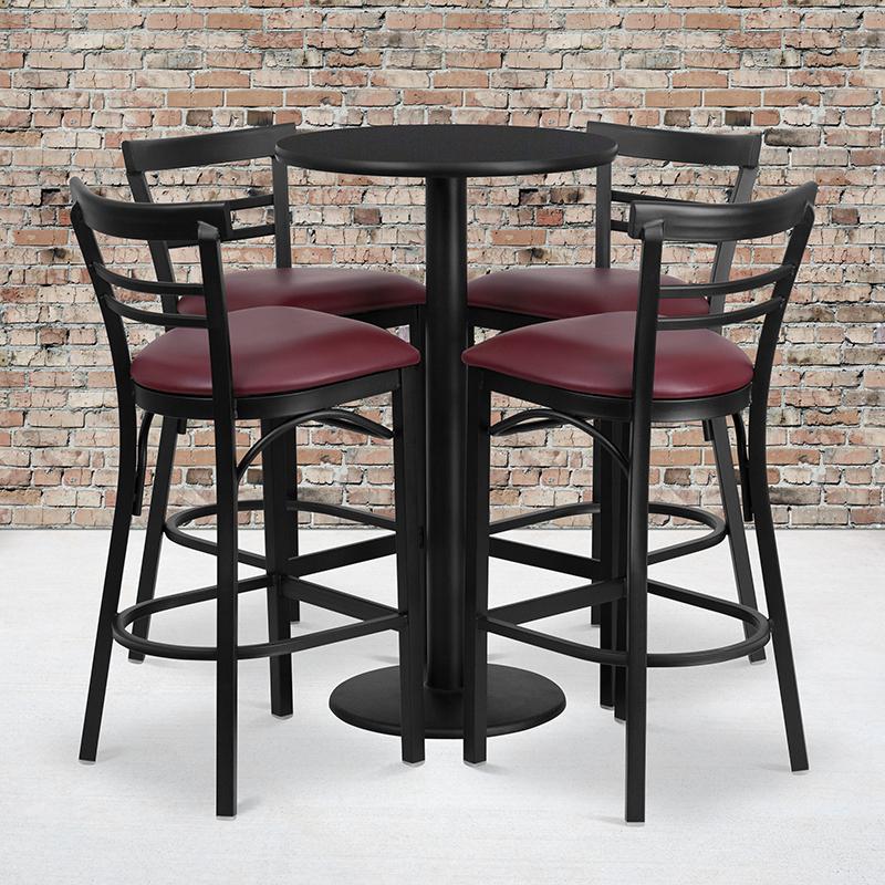 Flash Furniture 24'' Round Black Laminate Table Set with Round Base and 4 Two-Slat Ladder Back Metal Barstools - Burgundy Vinyl Seat - RSRB1037-GG