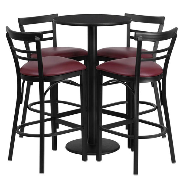 Flash Furniture 24'' Round Black Laminate Table Set with Round Base and 4 Two-Slat Ladder Back Metal Barstools - Burgundy Vinyl Seat - RSRB1037-GG