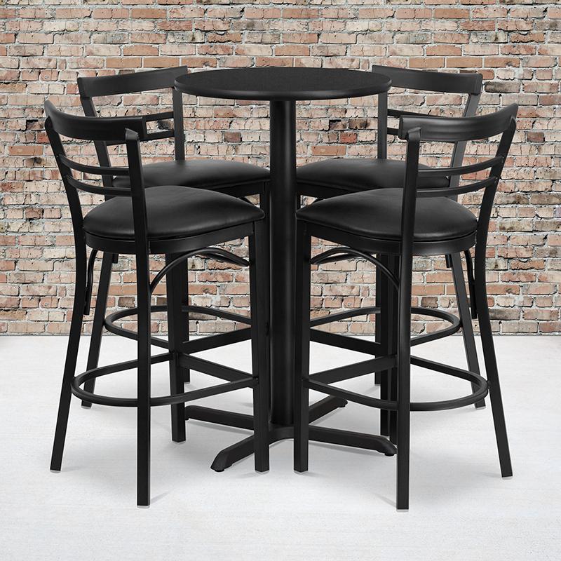 Flash Furniture 24'' Round Black Laminate Table Set with X-Base and 4 Two-Slat Ladder Back Metal Barstools - Black Vinyl Seat - HDBF1033-GG