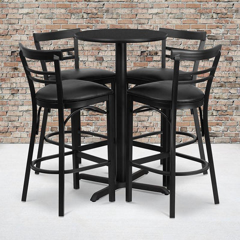 Flash Furniture 24'' Round Black Laminate Table Set with X-Base and 4 Two-Slat Ladder Back Metal Barstools - Black Vinyl Seat - HDBF1033-GG