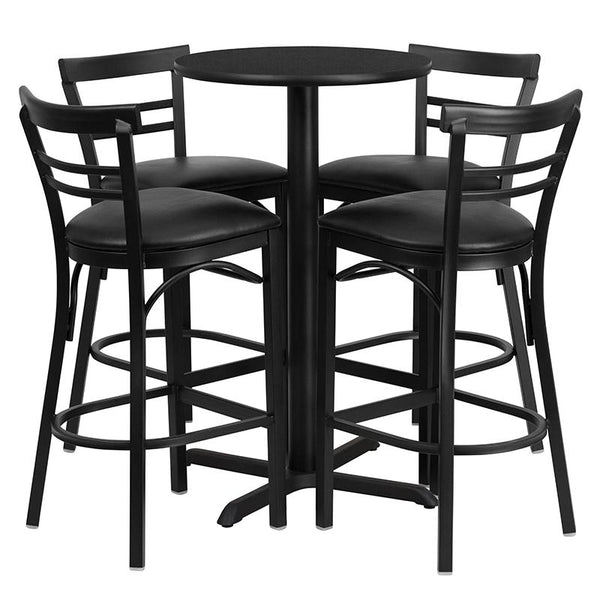 Flash Furniture 24'' Round Black Laminate Table Set with X-Base and 4 Two-Slat Ladder Back Metal Barstools - Black Vinyl Seat - HDBF1033-GG