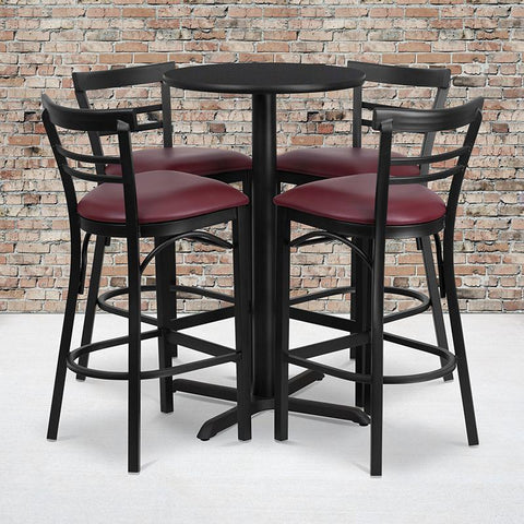 Flash Furniture 24'' Round Black Laminate Table Set with X-Base and 4 Two-Slat Ladder Back Metal Barstools - Burgundy Vinyl Seat - HDBF1037-GG