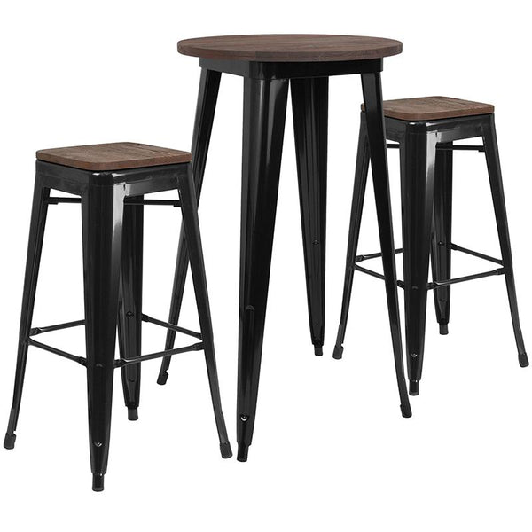 Flash Furniture 24" Round Black Metal Bar Table Set with Wood Top and 2 Backless Stools - CH-WD-TBCH-23-GG