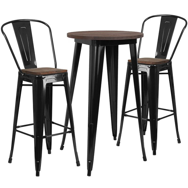 Flash Furniture 24" Round Black Metal Bar Table Set with Wood Top and 2 Stools - CH-WD-TBCH-22-GG