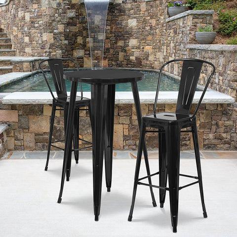 Flash Furniture 24'' Round Black Metal Indoor-Outdoor Bar Table Set with 2 Cafe Stools - CH-51080BH-2-30CAFE-BK-GG