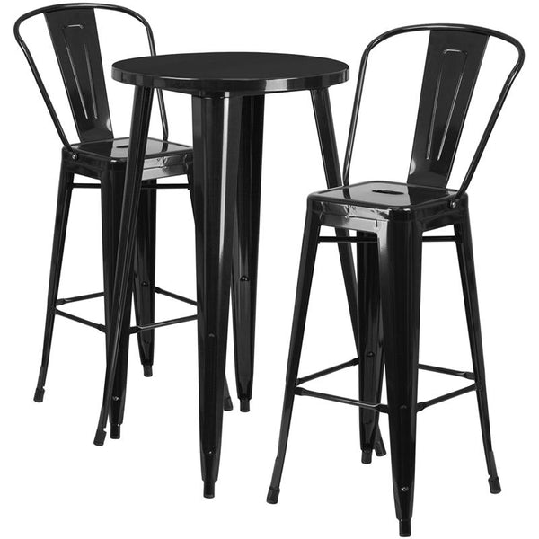 Flash Furniture 24'' Round Black Metal Indoor-Outdoor Bar Table Set with 2 Cafe Stools - CH-51080BH-2-30CAFE-BK-GG
