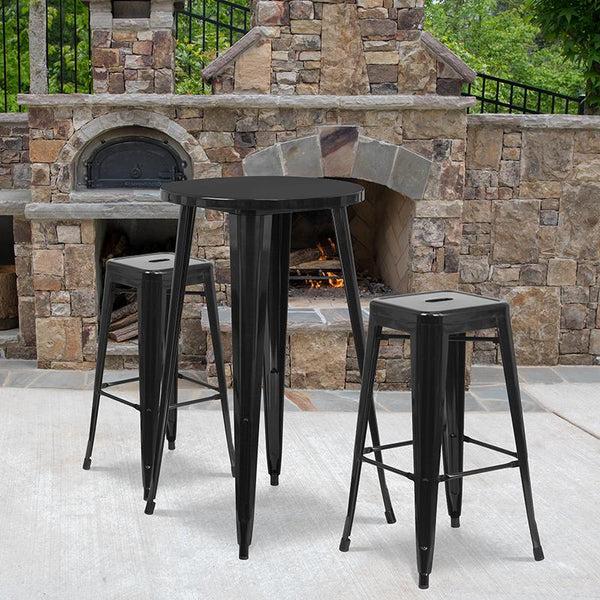 Flash Furniture 24'' Round Black Metal Indoor-Outdoor Bar Table Set with 2 Square Seat Backless Stools - CH-51080BH-2-30SQST-BK-GG