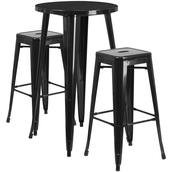 Flash Furniture 24'' Round Black Metal Indoor-Outdoor Bar Table Set with 2 Square Seat Backless Stools - CH-51080BH-2-30SQST-BK-GG