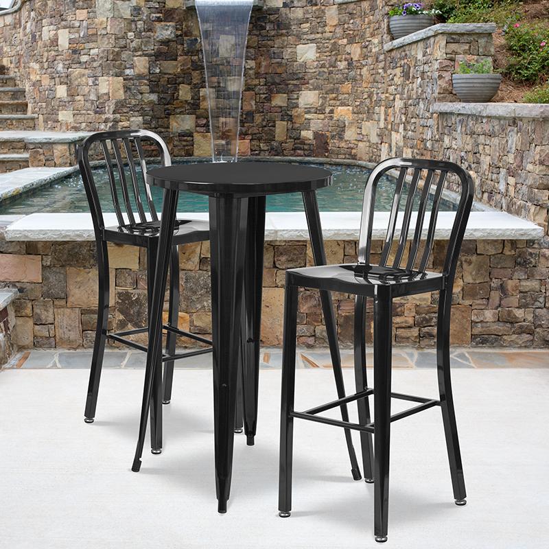 Flash Furniture 24'' Round Black Metal Indoor-Outdoor Bar Table Set with 2 Vertical Slat Back Stools - CH-51080BH-2-30VRT-BK-GG