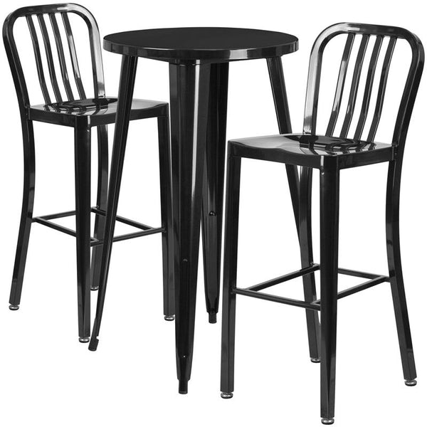 Flash Furniture 24'' Round Black Metal Indoor-Outdoor Bar Table Set with 2 Vertical Slat Back Stools - CH-51080BH-2-30VRT-BK-GG