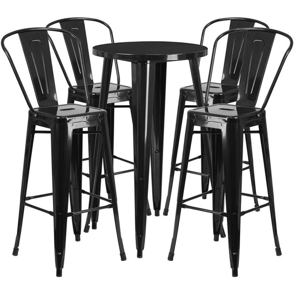 Flash Furniture 24'' Round Black Metal Indoor-Outdoor Bar Table Set with 4 Cafe Stools - CH-51080BH-4-30CAFE-BK-GG