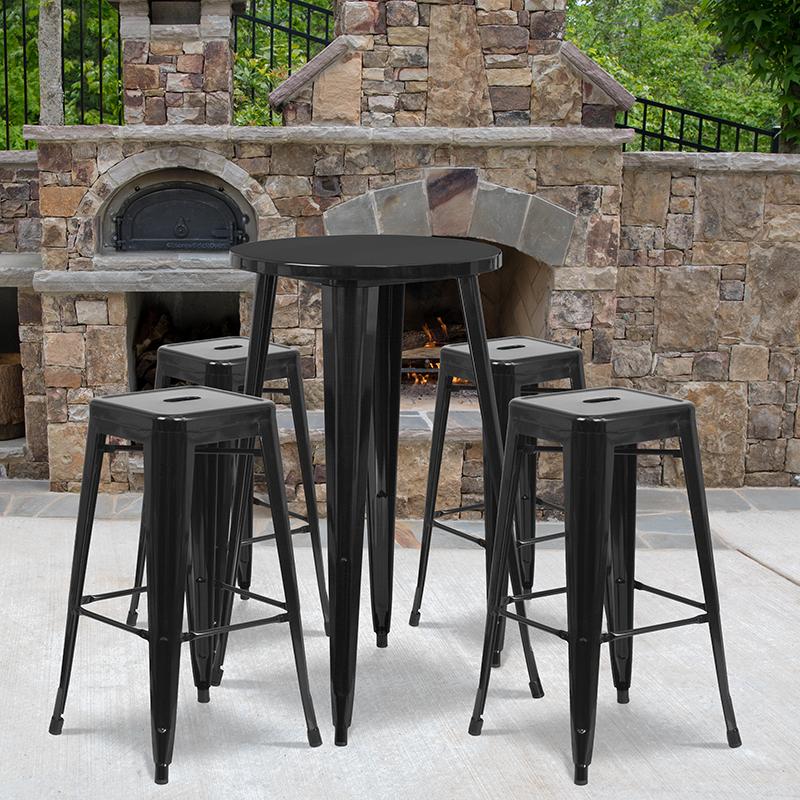 Flash Furniture 24'' Round Black Metal Indoor-Outdoor Bar Table Set with 4 Square Seat Backless Stools - CH-51080BH-4-30SQST-BK-GG