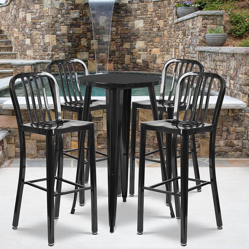 Flash Furniture 24'' Round Black Metal Indoor-Outdoor Bar Table Set with 4 Vertical Slat Back Stools - CH-51080BH-4-30VRT-BK-GG