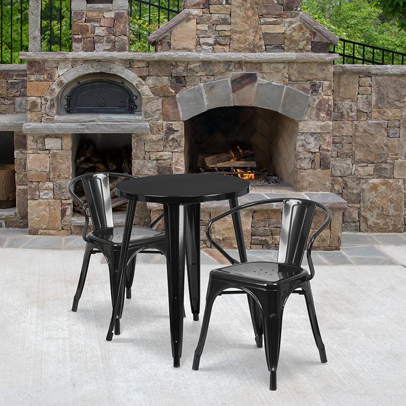 Flash Furniture 24'' Round Black Metal Indoor-Outdoor Table Set with 2 Arm Chairs - CH-51080TH-2-18ARM-BK-GG